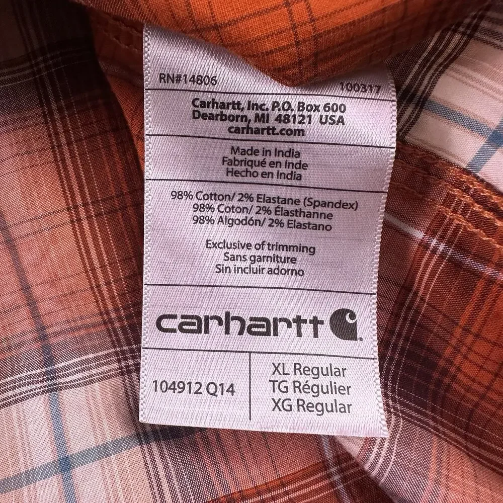 Carhartt Men’s‎ XL Pearl Snap Orange Plaid Relaxed Fit Rugged Flex